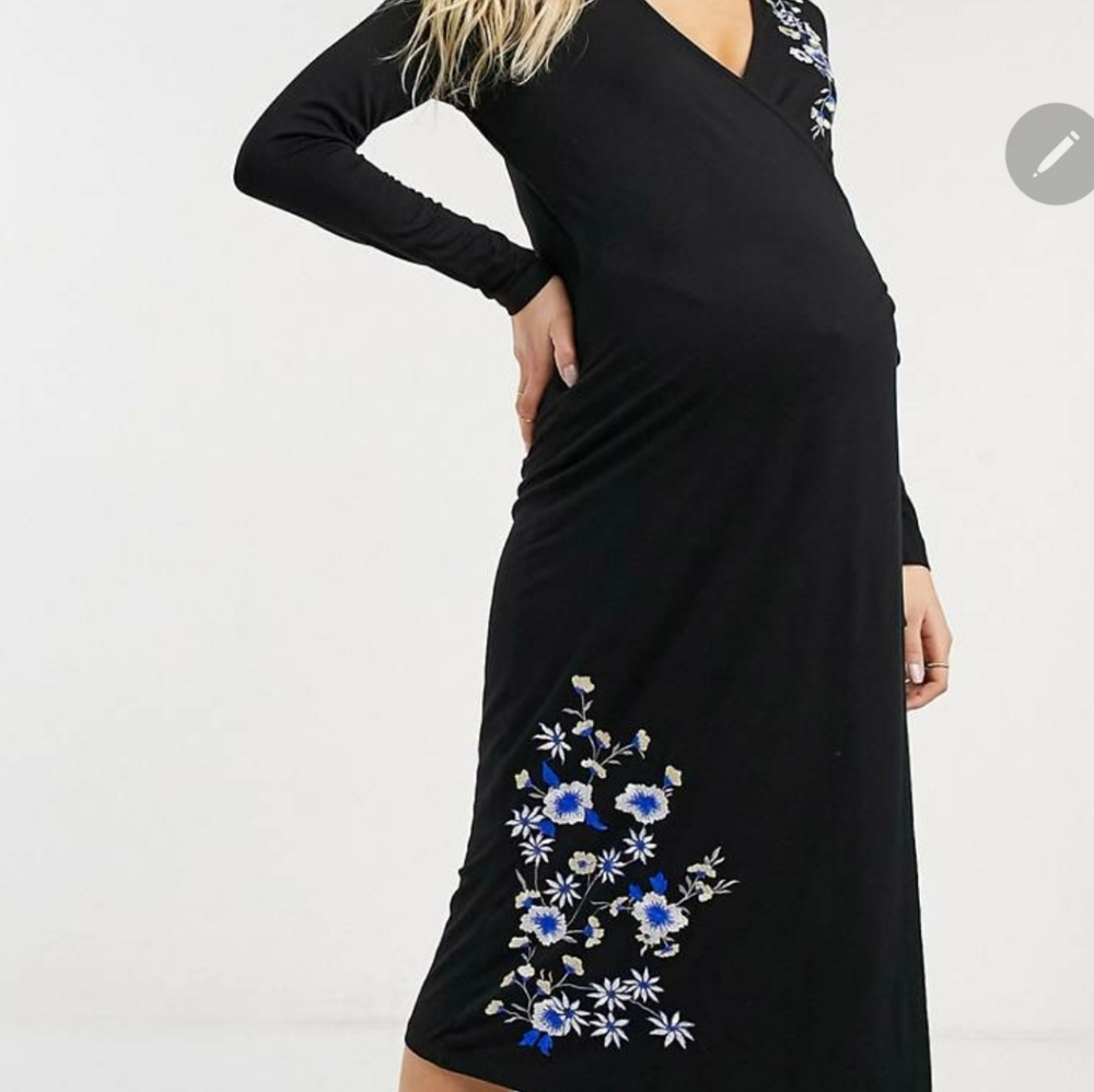 Maternity wrap midi dress Blue floral embroidery
